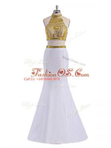 Custom Designed White Prom Dress Prom and Party with Beading Halter Top Sleeveless Lace Up