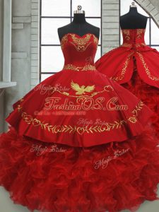 Wine Red Ball Gowns Satin and Organza Sweetheart Sleeveless Beading and Embroidery and Ruffles Lace Up Ball Gown Prom Dress Brush Train