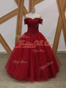 Wine Red Ball Gowns Off The Shoulder Sleeveless Tulle Floor Length Lace Up Appliques Ball Gown Prom Dress