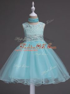 Sleeveless Knee Length Beading and Lace Zipper Little Girls Pageant Dress Wholesale with Aqua Blue