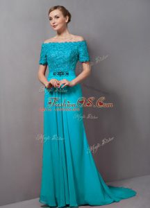 Charming Aqua Blue Mother Of The Bride Dress Off The Shoulder Short Sleeves Sweep Train Zipper