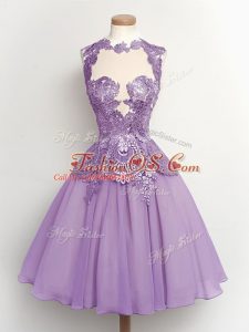 Spectacular Lavender A-line High-neck Sleeveless Chiffon Knee Length Lace Up Lace Bridesmaid Dresses
