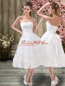 Sweetheart Sleeveless Bridal Gown Tea Length Appliques and Embroidery and Belt White Organza