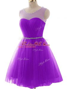 Custom Fit Scoop Sleeveless Evening Dress Mini Length Beading and Ruching Purple Tulle