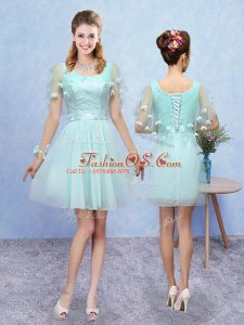 Romantic Aqua Blue Tulle Lace Up Scoop Sleeveless Mini Length Quinceanera Court of Honor Dress Appliques