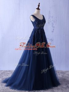 Charming Navy Blue Sleeveless Tulle Lace Up Runway Inspired Dress for Prom and Party