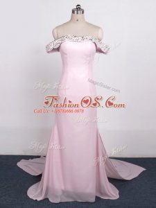 Baby Pink Formal Evening Gowns Prom and Party and Sweet 16 with Beading Off The Shoulder Sleeveless Watteau Train Zipper