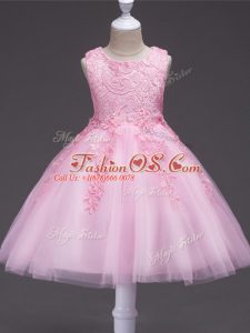 Hot Sale Baby Pink Scoop Zipper Appliques Little Girls Pageant Gowns Sleeveless