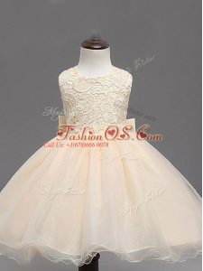 Champagne Ball Gowns Lace and Bowknot Little Girls Pageant Dress Wholesale Backless Organza Sleeveless Knee Length