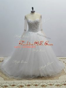 Colorful White Wedding Dresses Wedding Party with Beading Scoop Long Sleeves Brush Train Lace Up