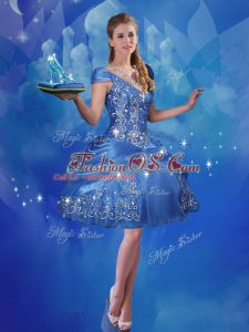 V-neck Cap Sleeves Lace Up Prom Gown Blue Organza