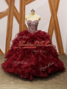 Fantastic Burgundy Sleeveless Organza Brush Train Lace Up 15 Quinceanera Dress for Military Ball and Sweet 16 and Quinceanera