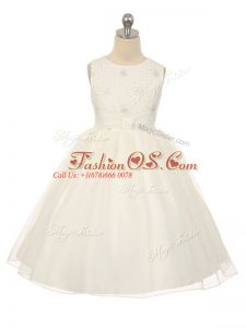 Luxurious Sleeveless Knee Length Beading Lace Up Kids Pageant Dress with White