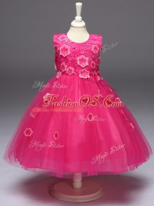 High Quality Hot Pink Sleeveless Tulle Zipper Little Girl Pageant Dress for Wedding Party