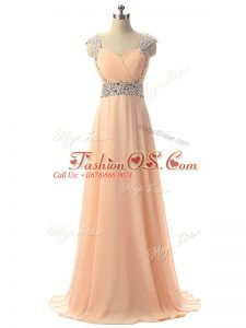 Decent Cap Sleeves Floor Length Beading Lace Up Evening Dress with Peach