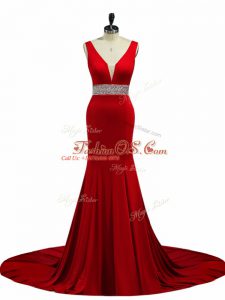 V-neck Sleeveless Prom Dress Brush Train Beading Wine Red Elastic Woven Satin