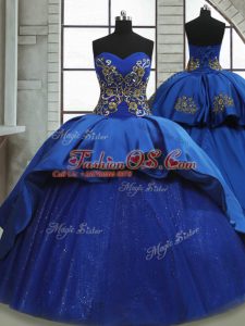 Royal Blue Satin and Tulle Lace Up Sweetheart Sleeveless Sweet 16 Dresses Sweep Train Beading and Appliques