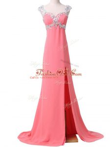 Custom Fit Watermelon Red Prom Dress Sweetheart Cap Sleeves Brush Train Zipper