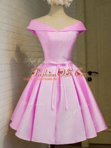 Enchanting Knee Length Lilac Wedding Party Dress Off The Shoulder Cap Sleeves Lace Up