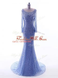 Backless Juniors Evening Dress Blue for Prom and Party and Military Ball and Sweet 16 with Sequins Brush Train