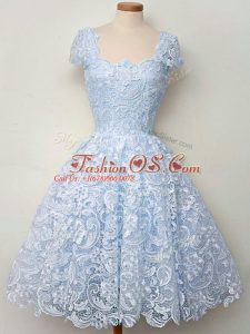 Simple Light Blue Lace Lace Up Straps Cap Sleeves Knee Length Bridesmaids Dress Lace