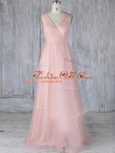 Stylish Tulle V-neck Sleeveless Zipper Lace Wedding Guest Dresses in Baby Pink