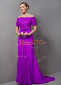 Purple Short Sleeves Chiffon Sweep Train Zipper Mother Of The Bride Dress for Prom and Party