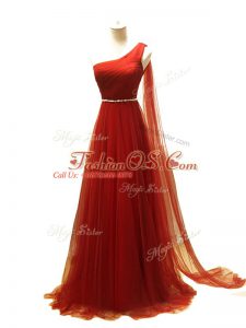 Flare One Shoulder Sleeveless Tulle Evening Dress Beading and Ruching Brush Train Zipper