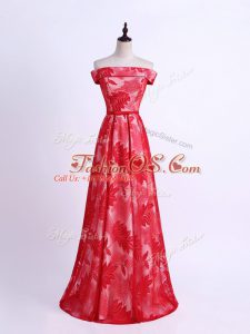Ideal Red Sleeveless Floor Length Pattern Lace Up Bridesmaids Dress