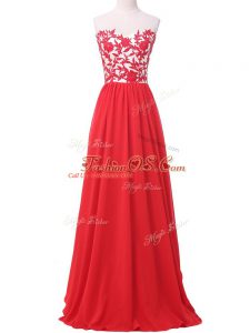 Classical Red Empire Lace and Appliques Evening Dress Lace Up Chiffon Sleeveless
