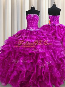 Fuchsia Sleeveless Floor Length Beading and Ruffles Lace Up Ball Gown Prom Dress
