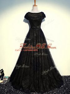 Scoop Short Sleeves Zipper Mother Of The Bride Dress Black Tulle