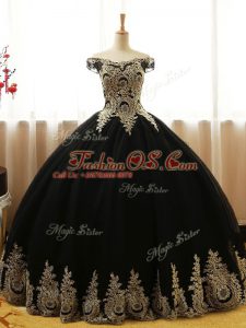 Ball Gowns Quinceanera Dresses Black Off The Shoulder Tulle Sleeveless Floor Length Lace Up