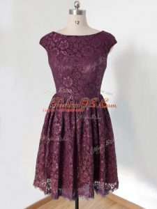 Dark Purple Empire Lace Bridesmaids Dress Lace Up Lace Cap Sleeves Knee Length