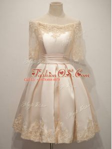 Champagne Off The Shoulder Neckline Lace Bridesmaid Dress Half Sleeves Zipper