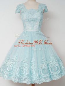 Aqua Blue Square Neckline Lace Quinceanera Court of Honor Dress Cap Sleeves Zipper