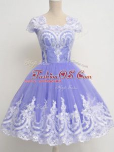Square Cap Sleeves Wedding Party Dress Knee Length Lace Lavender Tulle