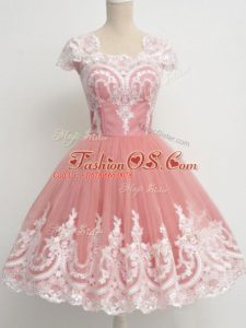 Delicate Peach Cap Sleeves Lace Knee Length Quinceanera Court of Honor Dress