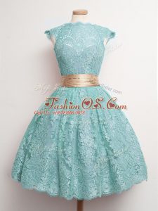 Dynamic High-neck Cap Sleeves Wedding Party Dress Knee Length Belt Aqua Blue Lace