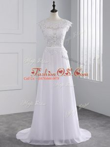 White Backless Bridal Gown Lace Cap Sleeves Brush Train