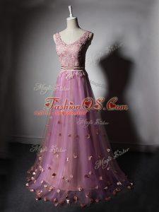 Lilac A-line Tulle V-neck Sleeveless Beading and Lace and Appliques and Hand Made Flower Lace Up Evening Dress Sweep Train