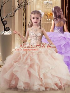 Lace Up Kids Pageant Dress Peach for Party and Wedding Party with Beading and Ruffles Brush Train