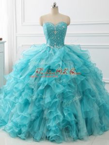 Brush Train Ball Gowns Sweet 16 Quinceanera Dress Aqua Blue Sweetheart Organza Sleeveless Lace Up