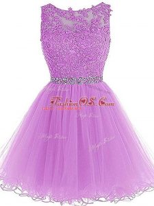 Romantic Lilac Scoop Neckline Beading and Lace and Appliques Prom Evening Gown Sleeveless Lace Up