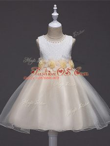 Ball Gowns Girls Pageant Dresses Champagne Scoop Tulle Sleeveless Knee Length Zipper