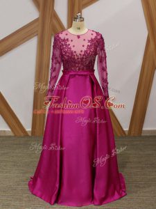 New Style Floor Length Fuchsia Mother Of The Bride Dress One Shoulder Long Sleeves Zipper