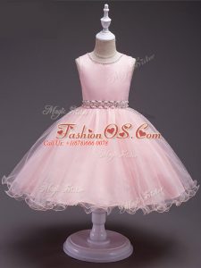 Scoop Sleeveless Little Girl Pageant Gowns Knee Length Beading Baby Pink Organza
