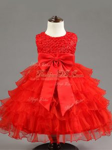 Trendy Organza Sleeveless Knee Length Pageant Gowns For Girls and Ruffled Layers and Bowknot