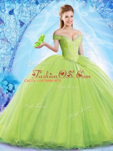 Organza Off The Shoulder Sleeveless Brush Train Lace Up Beading Sweet 16 Quinceanera Dress in Yellow Green