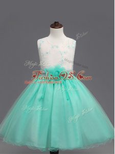 Perfect Knee Length Zipper Kids Pageant Dress Apple Green for Wedding Party with Appliques and Hand Made Flower